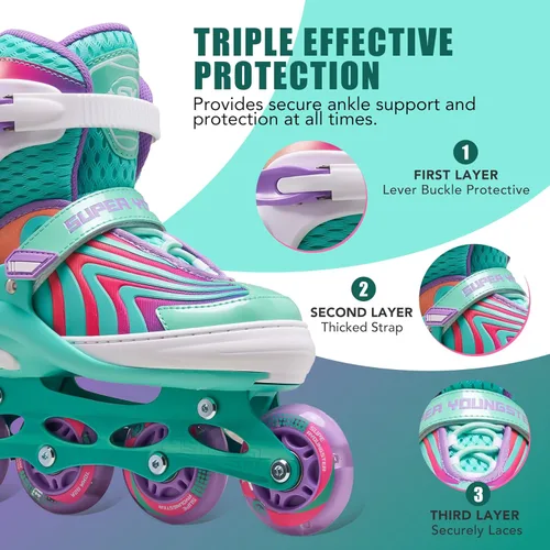 Miniatura 3 de SUPER YOUNGSTER Patines en línea para niñas, niños y niños de 4 a 12 años, patines ajustables con luces para jóvenes y adolescentes de 8 a 12 años