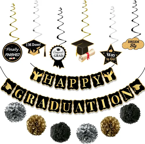 Suministros de fiesta de graduación 2020. Cartel de graduación – Decoración de remolinos colgantes | Decoración negra y dorada | Feliz graduación |