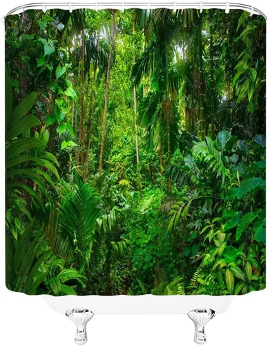 Miniatura 4 de Cortina de ducha de bosque tropical, bosque verde, hojas de palma, paisaje, luz solar, decoración de baño al aire libre, cortinas de tela con gancho
