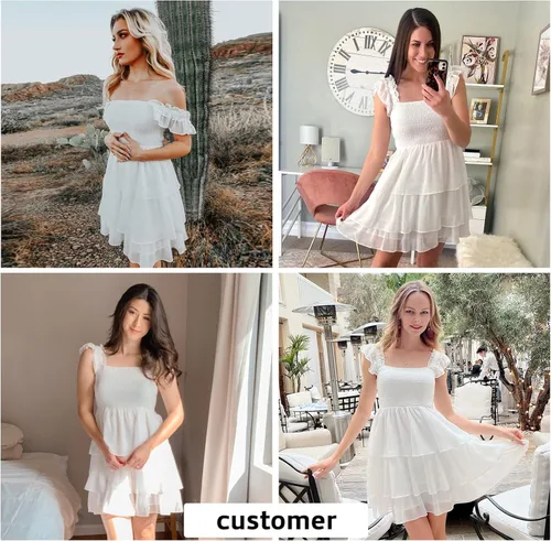 Miniatura 3 de Byinns Vestido corto sin mangas con cuello cuadrado para mujer, cintura alta, espalda descubierta, escalonado, tirantes fruncidos, casual, corto