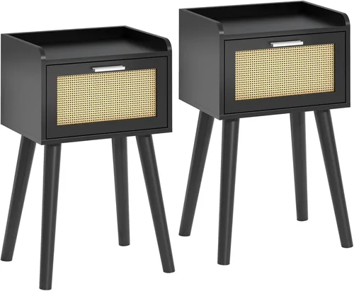 Miniatura 7 de LAATOOREE Juego de 2 mesitas de noche, mesa auxiliar pequeña, mesita de noche con puerta acanalada, pies de madera maciza; mesa auxiliar moderna