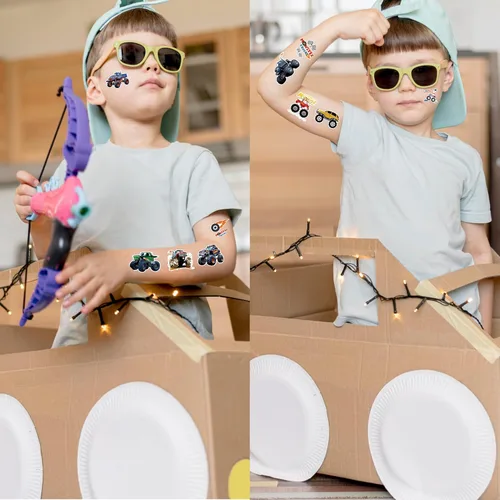 Miniatura 9 de 96 tatuajes temporales precortados de Monster Truck para niños, suministros para fiestas de cumpleaños, recuerdos y decoraciones súper lindos