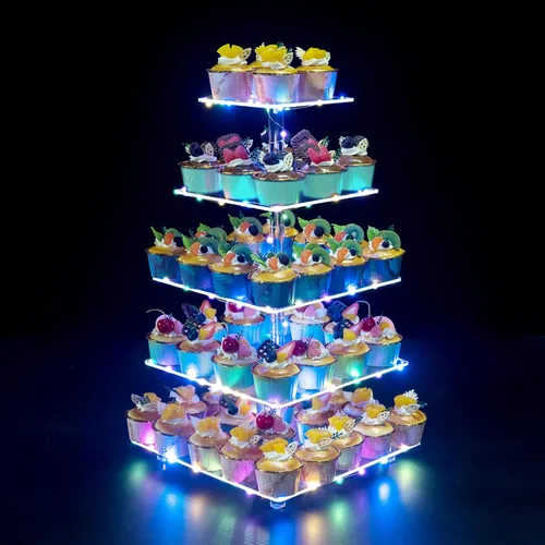 Miniatura 13 de Soporte para Cupcakes, Soporte Redondo para Cupcakes de 4 Niveles con Tira de Luces LED, Torre de Exhibición de Cupcakes de Acrílico para Bodas, Azul