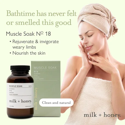 Miniatura 2 de milk + honey Muscle and Bath Soak No. 18, baño hidratante de sal de Epsom con eucalipto, árnica, romero y mejorana dulce, 10 onzas