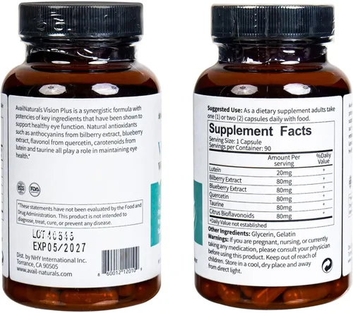 Miniatura 2 de Vision Plus Vitaminas para los ojos con luteína de 20 mg, extracto de arándano y arándano, quercetina, taurina, bioflavonoides cítricos