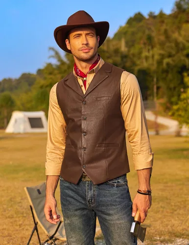 Miniatura 2 de COOFANDY Chaleco de cuero para hombre, chaleco casual occidental, chaqueta ligera con cuello en V, chaleco chaleco de traje