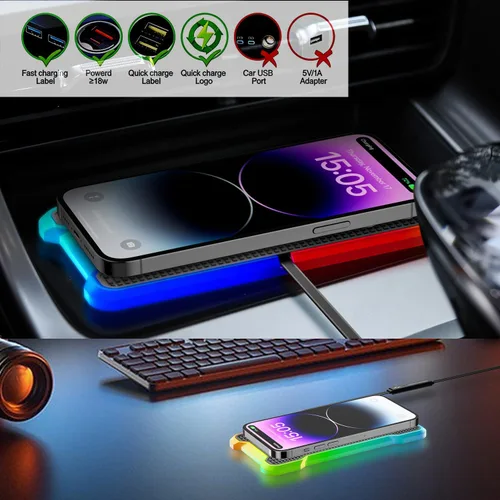 Miniatura 2 de POLMXS - Cargador inalámbrico para automóvil, cargador inalámbrico para teléfono celular, con luz RGB, alfombrilla de carga inalámbrica compatible