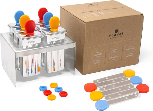 Ecozoi Moldes de paletas de acero inoxidable, 6 mini máquinas de paletas, 6 varillas de acero inoxidable reutilizables, 12 sellos de silicona y 1