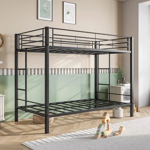 Miniatura 4 de HAUSHECK Literas individuales para 2 niños, litera individual sobre individual con dos escaleras laterales y barandillas de longitud completa
