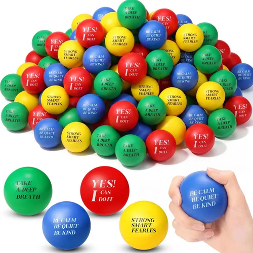 Miniatura 8 de Sotiff 100 bolas de estrés a granel para adultos, espuma colorida para aliviar el estrés, juguetes de regalo con citas motivacionales, bolas