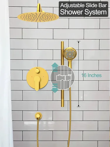 Miniatura 3 de SR SUN RISE Sistema de ducha de 12 pulgadas de oro cepillado, kit de montaje en pared ajustable con barra deslizante de 16 pulgadas, grifo de ducha