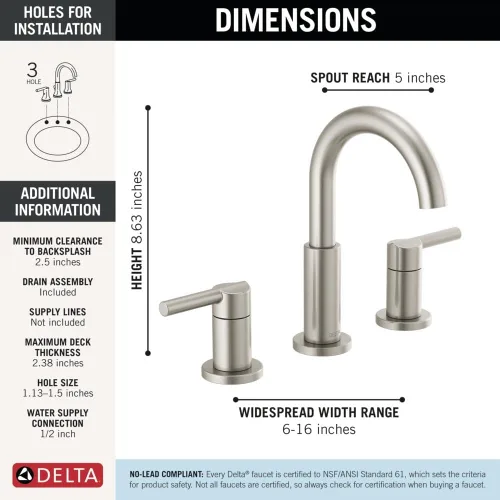 Miniatura 5 de Delta Nicoli Grifo de Níquel Cepillado de 3 Agujeros, Grifo de Lavabo de Baño Tipo Widespread de 8 Pulgadas para Tocador, Ensamblaje de Drenaje