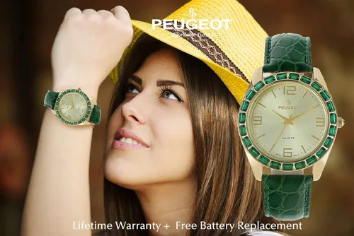 Miniatura 4 de Peugeot Reloj redondo acentuado de cristal para mujer, estilo novio con correa de cuero genuino