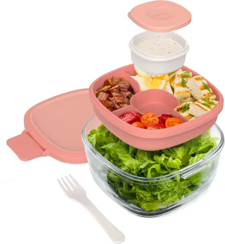 Bentgo Recipiente de Ensalada de Vidrio Todo en Uno - Ensaladera Grande de 61 oz con Tapa, Bandeja Estilo Bento de 4 Compartimentos, Recipiente de