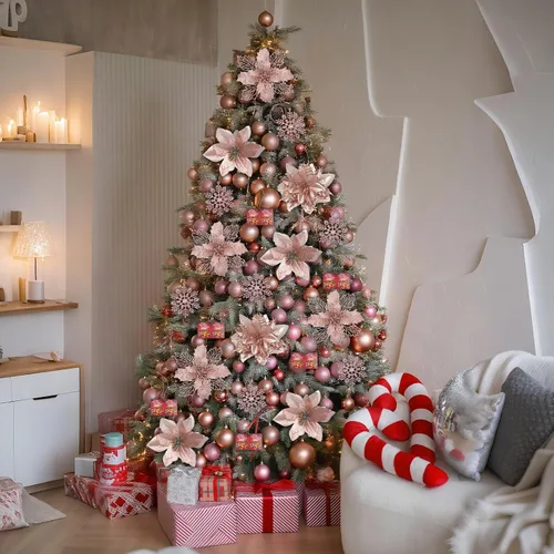 Miniatura 8 de BSMYBO 59 piezas 6 estilos de flores de Pascua artificiales para árbol de Navidad, adornos de Navidad en color oro rosa con tallos de bayas, copos