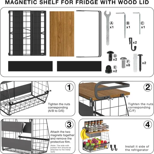 Miniatura 8 de Estante magnético para refrigerador con tapa de madera, organizador de cesta de alambre de gran capacidad para especias, frutas, cebollas y papas