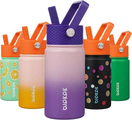 Miniatura 84 de BJPKPK Botella de agua aislada con tapa con pajilla, bonitas botellas de agua de 15 onzas, termo de metal de acero inoxidable, vasos reutilizables