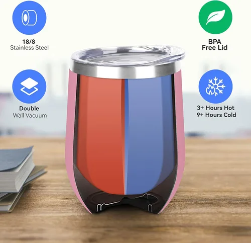 Miniatura 2 de DOMICARE - Juego de 16 vasos de vino de 12 onzas con tapa, hechos de acero inoxidable con aislamiento al vacío de doble pared, color rosado