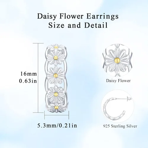 Miniatura 3 de Aretes de aro de margarita para mujeres y niñas, de plata de ley 925, hipoalergénicos, con diseño de margarita, para orejas sensibles, aretes de aro
