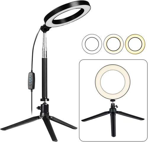 Miniatura 3 de Soporte de teléfono de disparo de ángulo alto 2 en 1 con anillo LED regulable de 10 pulgadas para grabación de cocinero, dibujo de caligrafía