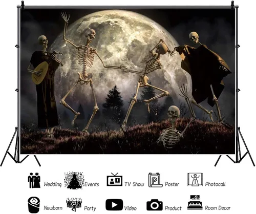 Miniatura 3 de Telón de fondo de Halloween de 5 x 3 pies para sesión de fotos, luna llena, esqueletos nocturnos, cráneo, danza, fondo para fotografía, casa
