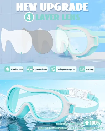 Miniatura 6 de Aegend Paquete de 2 gafas de natación para niños de 3 a 15 años, antivaho, anti-UV, visión amplia, impermeables, sin fugas, para niños y niñas