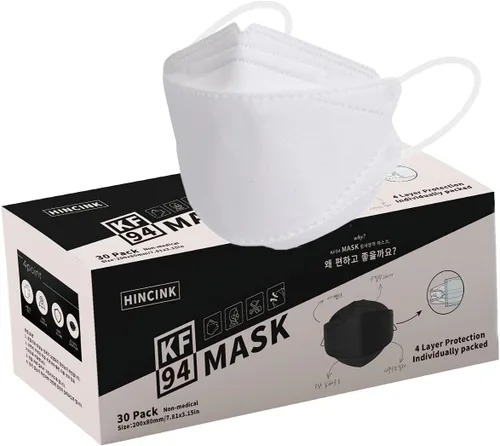 Miniatura 15 de Mascarillas KF94 para adultos, antivaho para gafas, estructura transpirable 3D, envueltas individualmente para viajes, paquete de 30