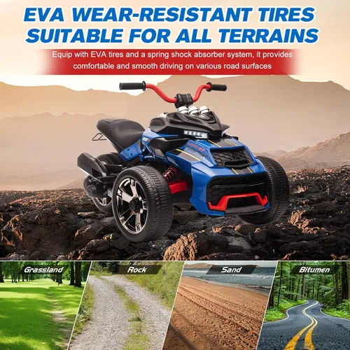 Miniatura 5 de Motocicleta eléctrica para niños de 12 V, rueda eléctrica de 3 ruedas, con luces LED, neumáticos EVA, velocidad alta y baja, bocina, música, azul