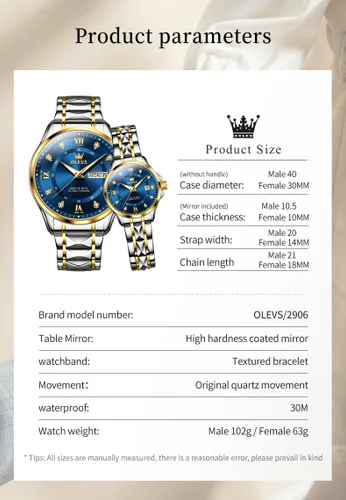 Miniatura 6 de OLEVS Reloj de cuarzo para parejas, calendario luminoso, fecha, negocios, formal, de lujo, para hombres y mujeres, impermeable, casual, acero