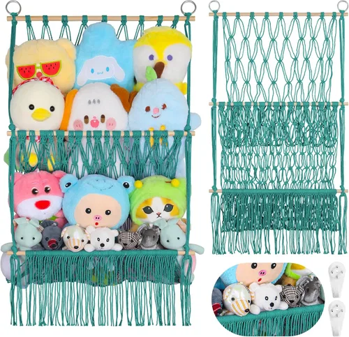 Red de almacenamiento de animales de peluche de 2 niveles, 17 x 32 pulgadas, organizador grande de animales de peluche para pequeños rellenos