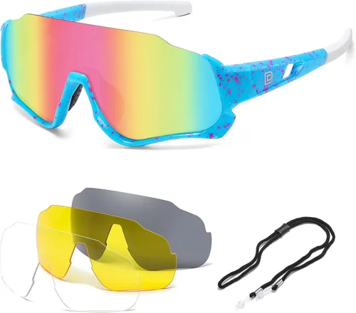 DUCO DK280 - Lentes de sol polarizados para niños, jóvenes, béisbol, deportes, adolescentes, ciclismo, niños y niñas, con 3 lentes Azul Marco Blanco