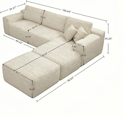 Miniatura 2 de Sofá modular de nube, sofá seccional sin hueso para sala de estar, sofá de espuma viscoelástica de tela de pana, sin montaje, de lujo, moderno