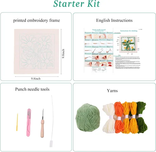 Miniatura 2 de Kit de aguja de perforación para bordado con marco, kits de iniciación al bordado para niños principiantes, tela para aguja de perforación con Verde