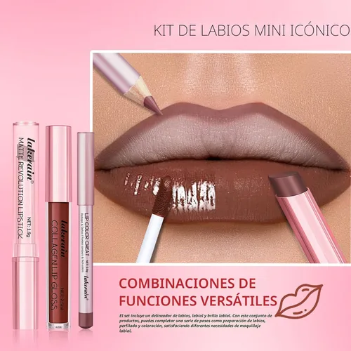 Miniatura 8 de Juego de 3 piezas de delineador y lápiz labial - Lápiz delineador mate, lápiz labial mate de terciopelo y brillo labial de colágeno hidratante - Kit