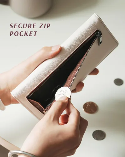 Miniatura 6 de Unilily Cartera delgada para mujer, con bloqueo RFID, de piel vegana, plegable, tarjetero con 2 ventanas de identificación y bolsillo con Lila