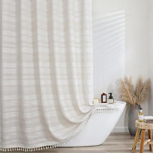 Miniatura 21 de OVZME Cortina de ducha bohemia negra, cortina de ducha estrecha de tela suave a rayas de lino texturizado con borla, moderna decoración de baño