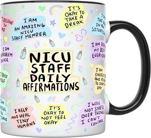 YouNique Designs NICU - Taza de café portátil de 11 onzas, afirmaciones diarias, regalos de enfermera de la UCIN, taza de enfermera de cuidados