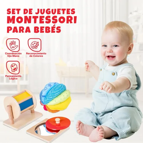 Miniatura 4 de Montessori - Kit de juguetes para bebés, espejo, peekaboo, rompecabezas de perillas, tambor giratorio, bola arcoíris - niños pequeños de 6 a 12 meses