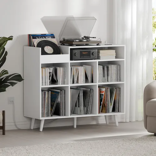 Miniatura 7 de Cozy Castle Soporte grande para tocadiscos con armario de almacenamiento de vinilo, mesa giratoria de madera, soporte abierto para hasta 500 Negro