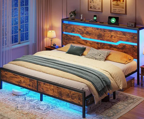 Miniatura 9 de Homkdom - Estructura de cama tamaño matrimonial con luces LED y estación de carga, estructura de cama completa con cabecero de almacenamiento, 13