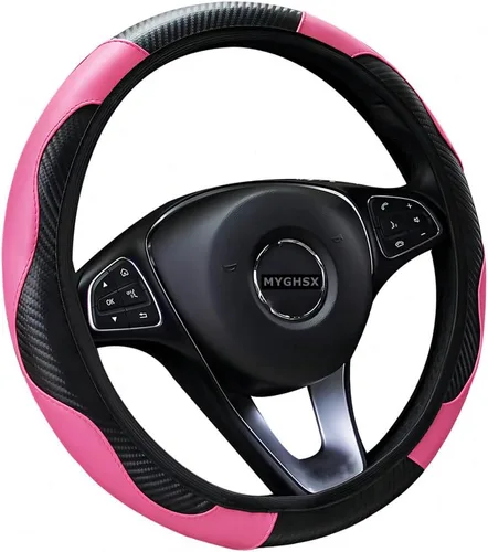 Miniatura 6 de Funda universal de microfibra para volante de automóvil, fibra de carbono elástica, 15 pulgadas, transpirable, antideslizante, protector de volante