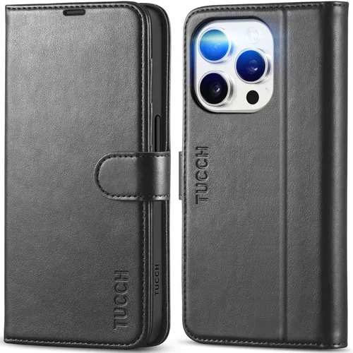TUCCH Funda tipo cartera para iPhone 15 Pro, bloqueo RFID [4 tarjetas] Soporte [carcasa interior de TPU a prueba de golpes] Funda protectora Negro