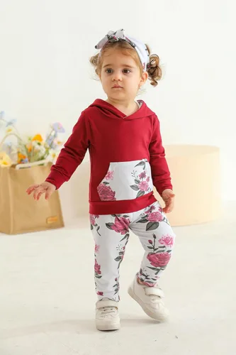 Miniatura 2 de Eghunooy Conjunto de sudadera con capucha floral de manga larga para bebé niña con bolsillo y diadema