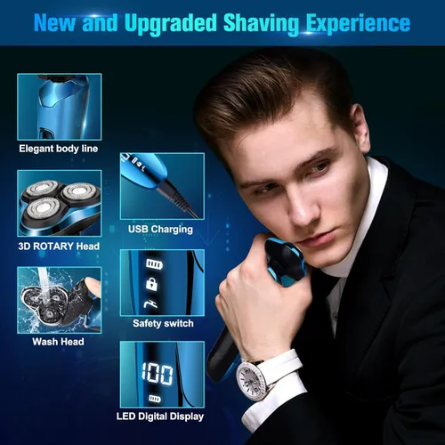 Miniatura 6 de Maquinilla de afeitar eléctrica para hombres, afeitadoras de cabeza giratoria 3D inalámbricas para cara de hombre, impermeable en húmedo/seco