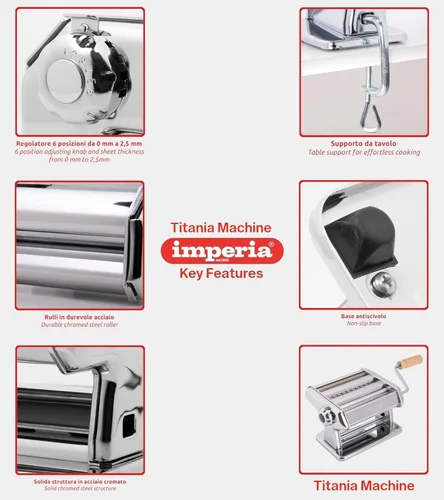Miniatura 5 de Imperia Titania Pasta Maker - La máquina está 100% fabricada en Italia, construcción de acero resistente, rodillo manual con mango de madera