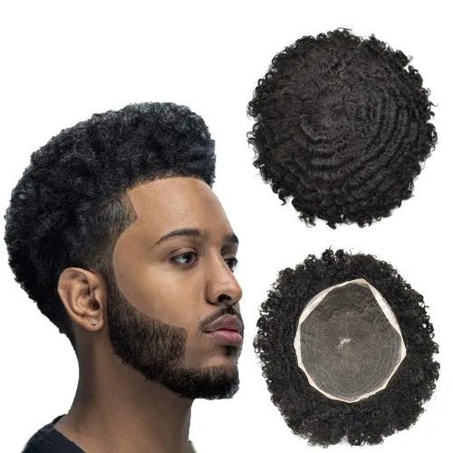 Miniatura 15 de Afro Toupee Full French Lace Man Weave Unidad de cabello 100% virgen humano rizado rizado unidades de repuesto para hombres negros, 8 x 10 pulgadas