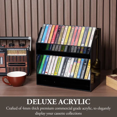 Miniatura 2 de MyGift Soporte para casetes compactos de acrílico negro de 2 niveles con asas de transporte recortadas, cintas de casete de audio retro, soporte