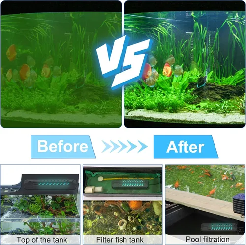 Miniatura 5 de TAISHAN Luz limpia para acuario, luz sumergible de 15 W con temporizador, doble tubo para acuario de agua, verde, transparente, impermeable, lámpara