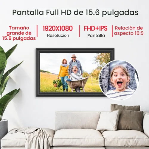 Miniatura 4 de Marco de fotos digital Frameo de 64 GB de 15.6 pulgadas, WiFi, marcos de fotos electrónicos grandes de 1920 x 1080 IPS FHD pantalla táctil, envía