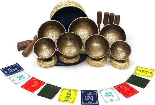 ESK-06 - Juego de 7 cuencos tibetanos de 3 a 5.2 pulgadas, cuenco cantor del Himalaya, hecho a mano, con cojines de seda, 7 palos, bandera y caja de